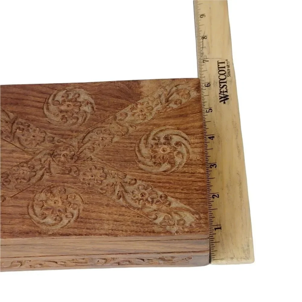 Hand Carved Wooden Box Flowers Trinket Jewelry‎ Blue Velvet Fabric Lined 8